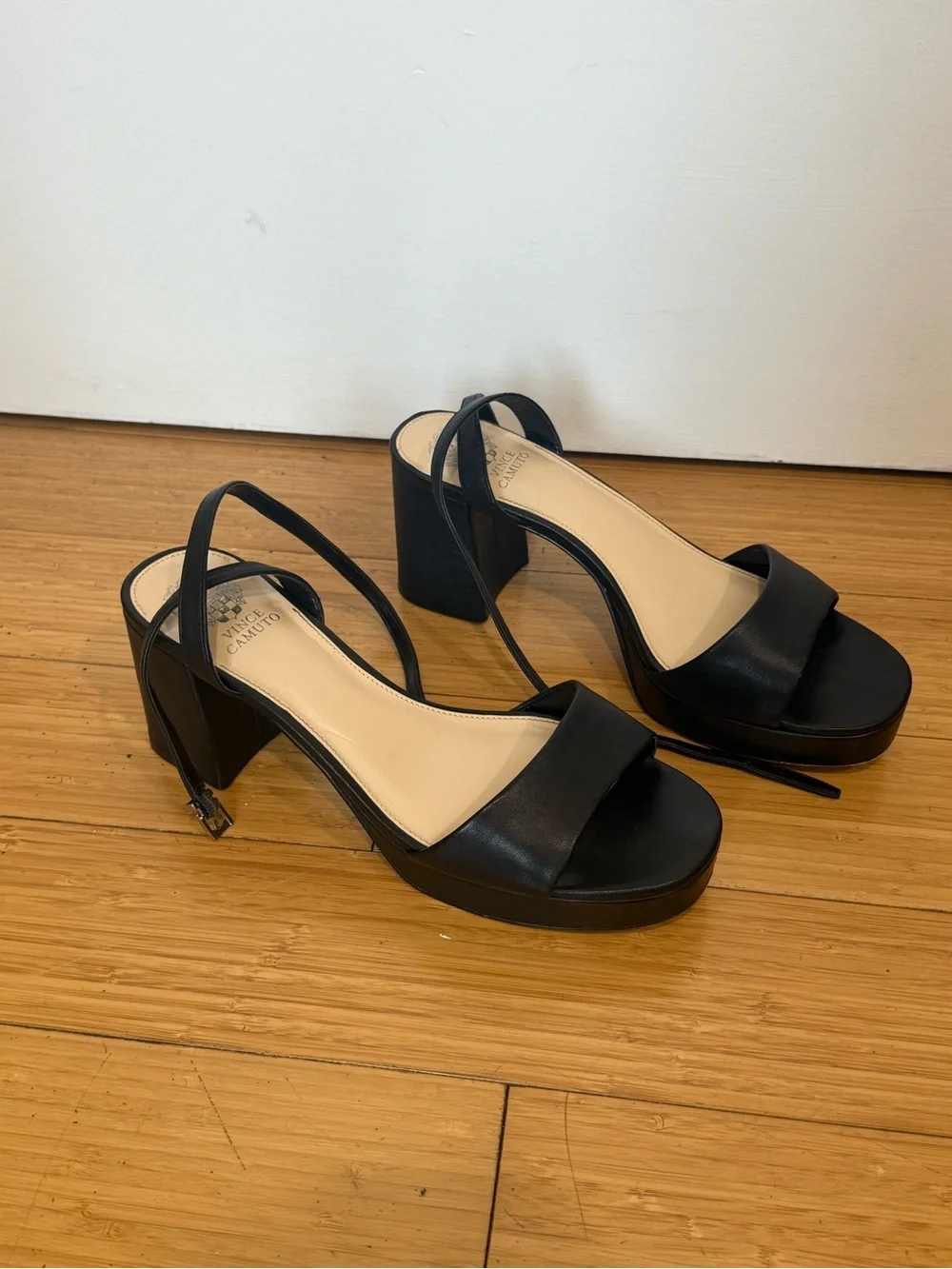 Vince Camuto Black Leather Platform Block Heel Sandals